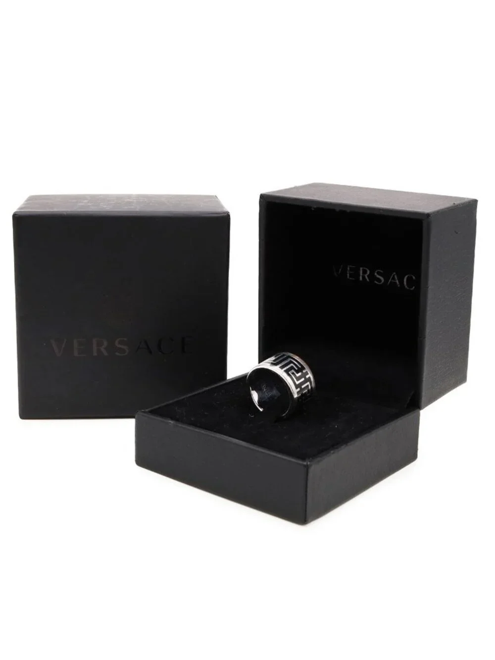 Versace Greek Ring Wide Metal Silver Black Actual